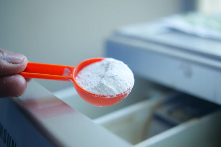 Close up of a hand using an orange scoop to put washing powder in a front loader.