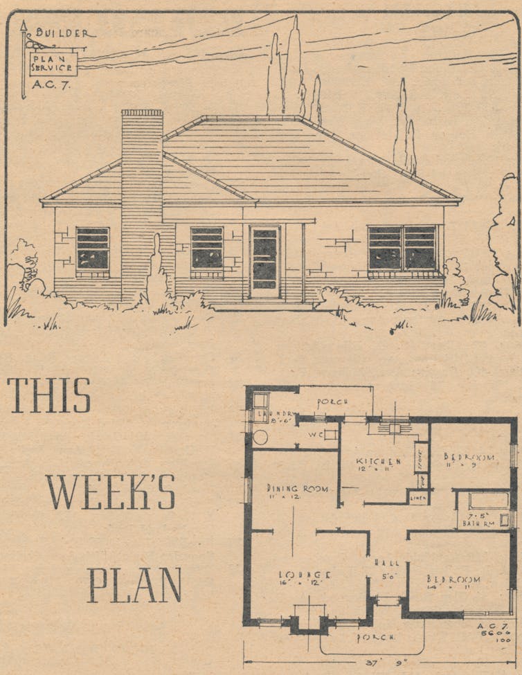 An illustration and plan for a small house from 1953