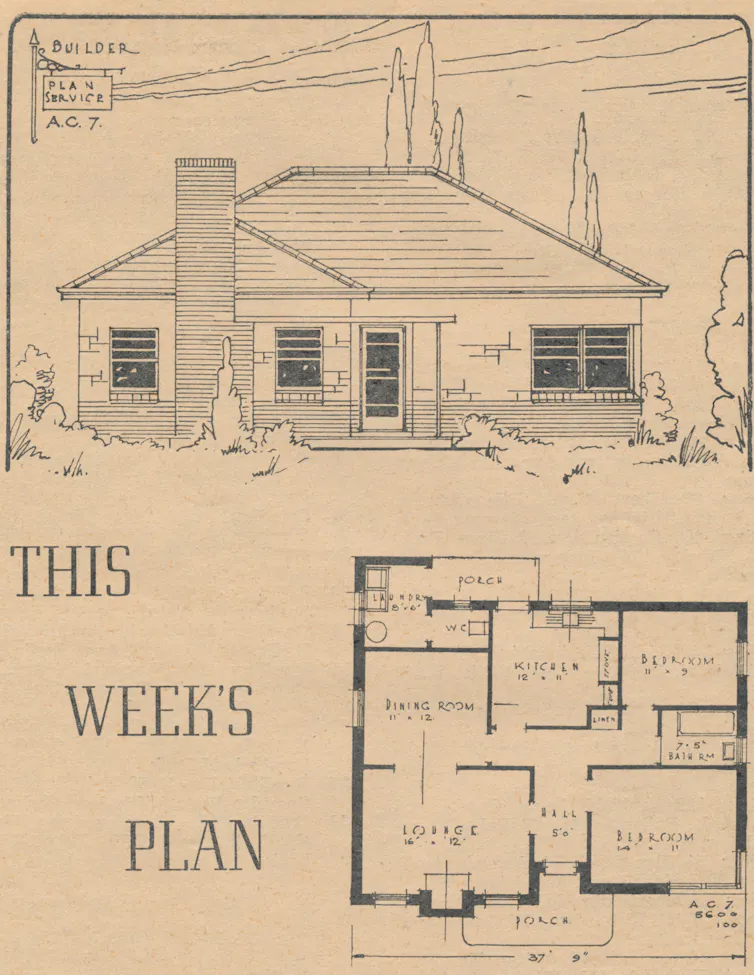 An illustration and plan for a small house from 1953
