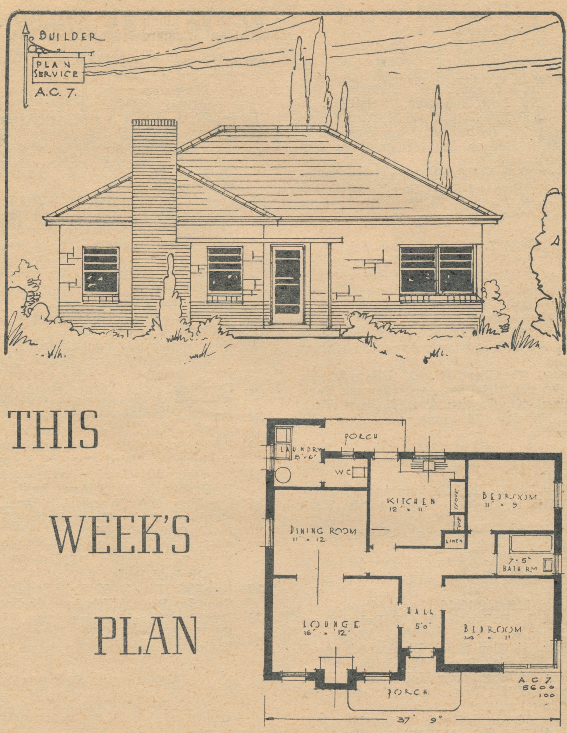 An illustration and plan for a small house from 1953