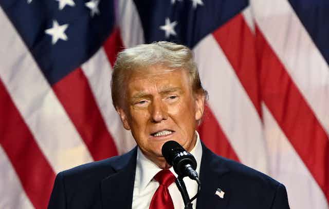 Donald Trump speaks into a microphone against a backgrojnd of the US flag.
