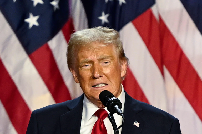 Donald Trump speaks into a microphone against a backgrojnd of the US flag.