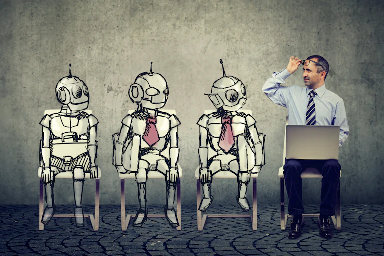 three cartoon robots and a man sit in a row of four chairs