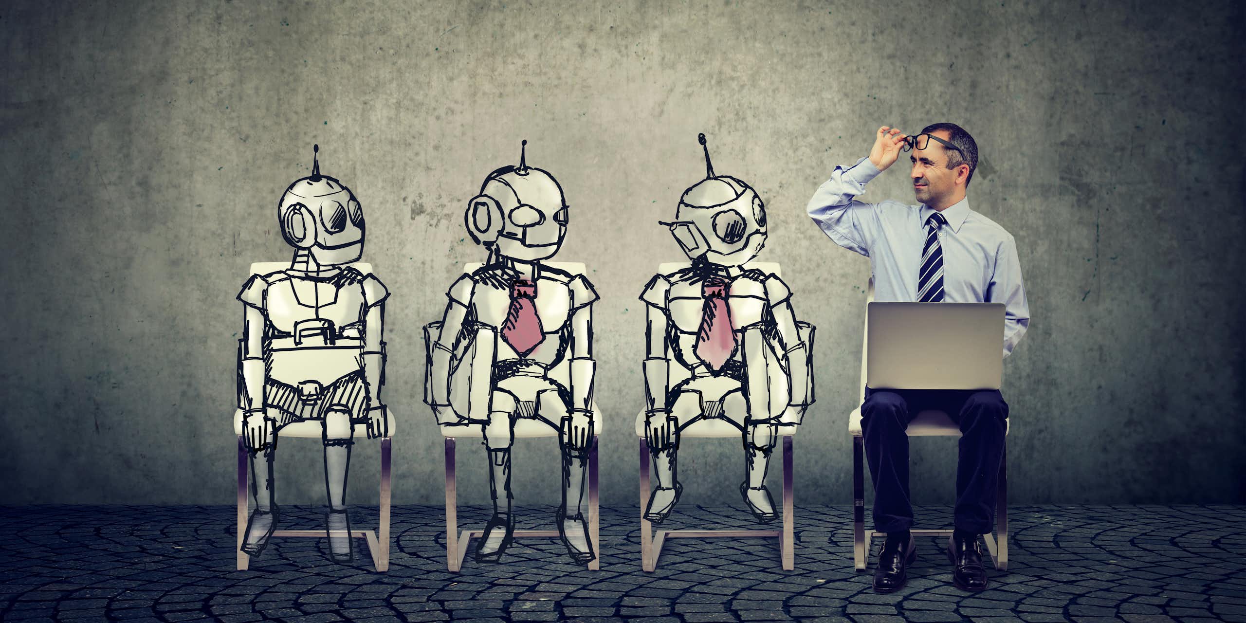 three cartoon robots and a man sit in a row of four chairs