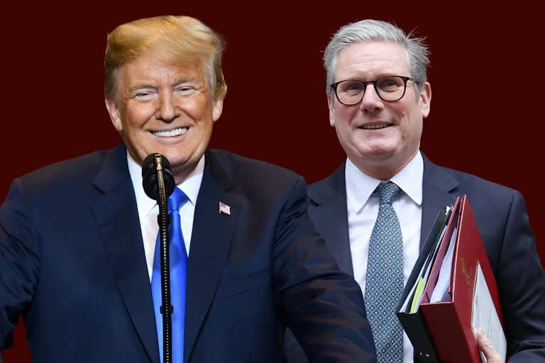 Collage of smiling photos of donald trump and keir starmer against a dark red background