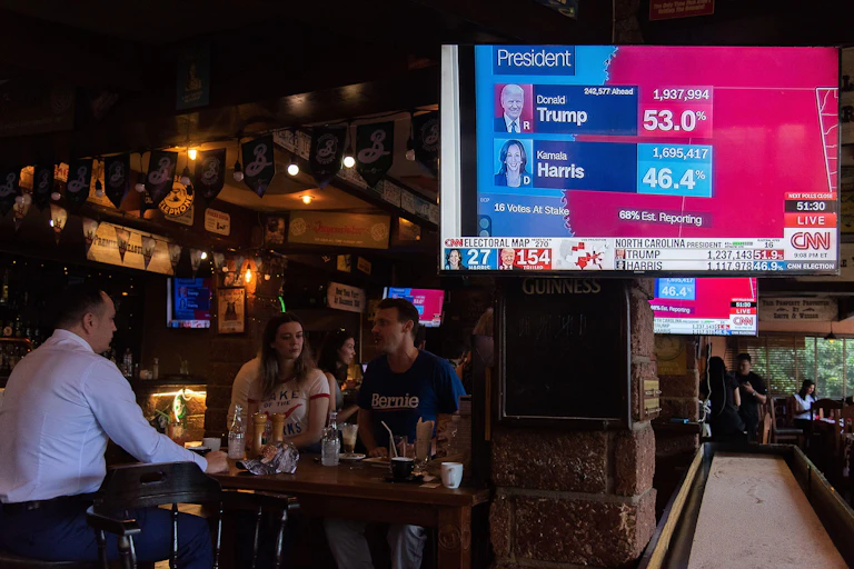 People sitting in a bar while a television broadcasts US election results.