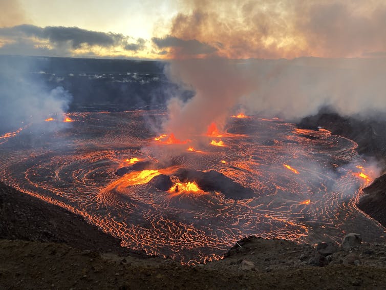 Active vents erupt lava in Halemaʻumaʻu crater at the summit of Kīlauea volcano, Hawaii.