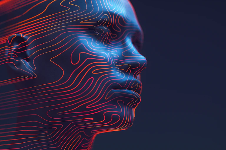 3D rendered digital human head outlined with neon contour lines that resemble a fingerprint's unique swirls, against a deep blue background.