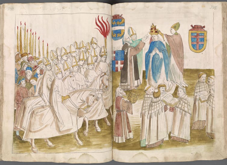 A faded manuscript illustration across two full pages shows soldiers on horseback and officials in robes.