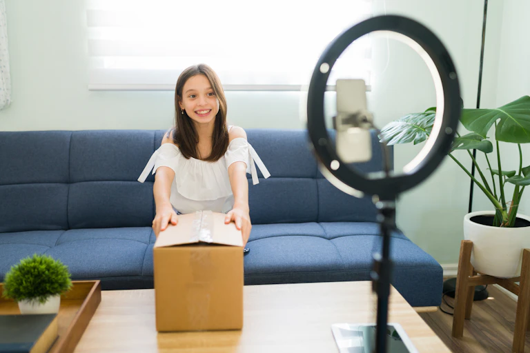kid influencer recording herself opening a box