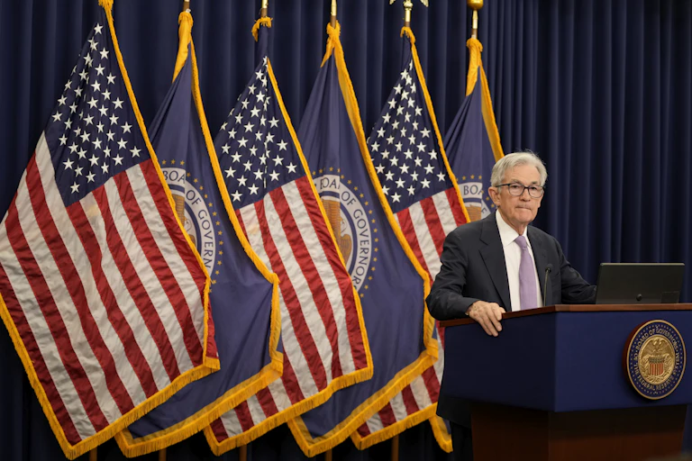 Federal Reserve Board Chairman Jerome Powell speaks during a news conference