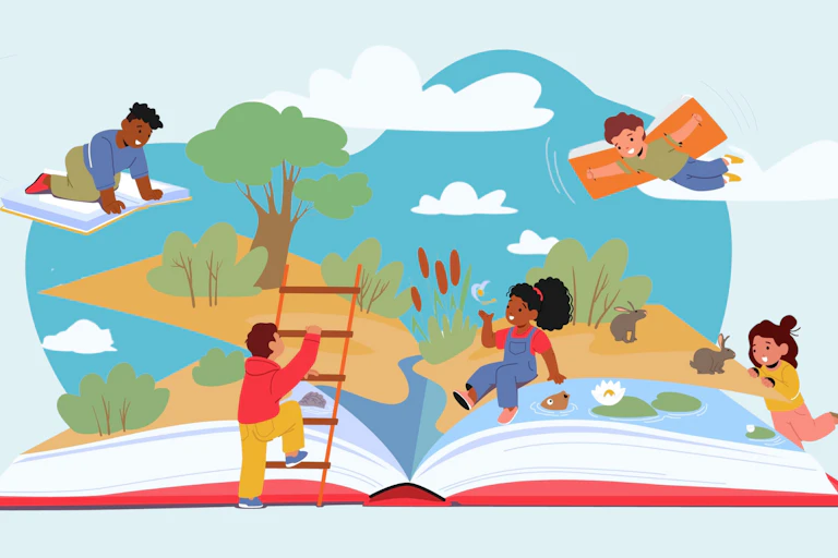 Illustration of kids playing on a book.
