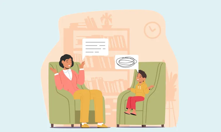 A parent and child talking.