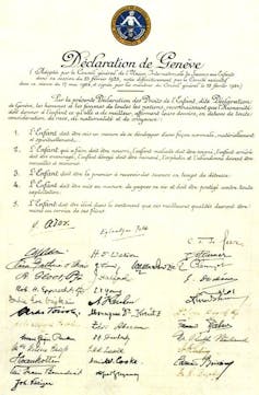 Déclaration de Genève, 1924 (Archives de l’État de Genève), signée notamment par Gustave Ador (CICR) et Eglantyne Jebb
