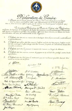 Déclaration de Genève, 1924 (Archives de l’État de Genève), signée notamment par Gustave Ador (CICR) et Eglantyne Jebb
