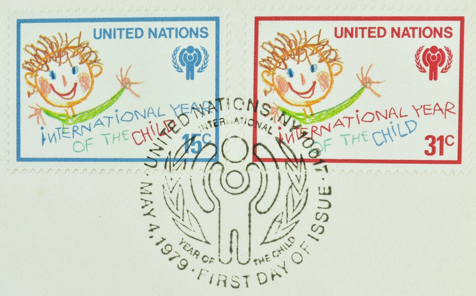 Timbre-poste annulé imprimé par l’Organisation des Nations unies pour l’Année internationale de l’enfant en 1979