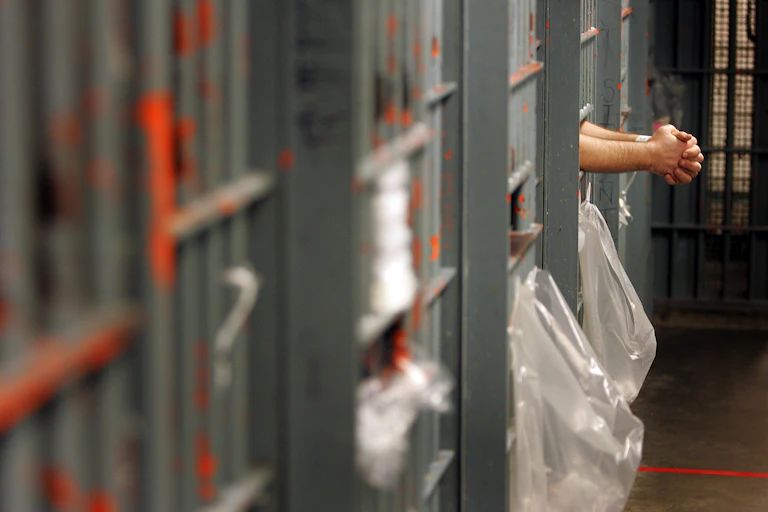 A pair of clasped hands reaching out between cell bars