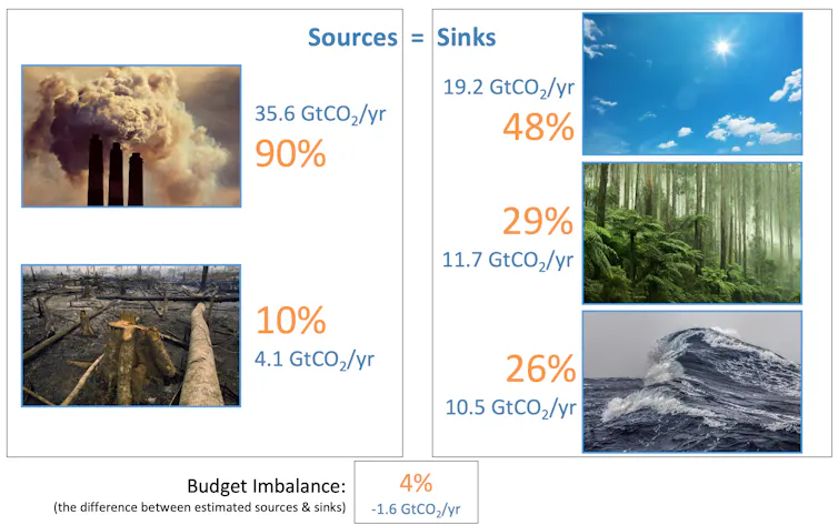 Illustrated ledger showing carbon sources against sinks in the global carbon budget