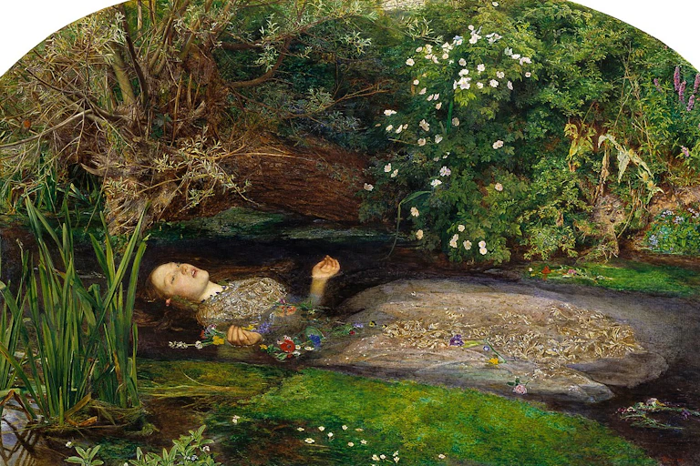 Pintura de una mujer ahogada en un río.