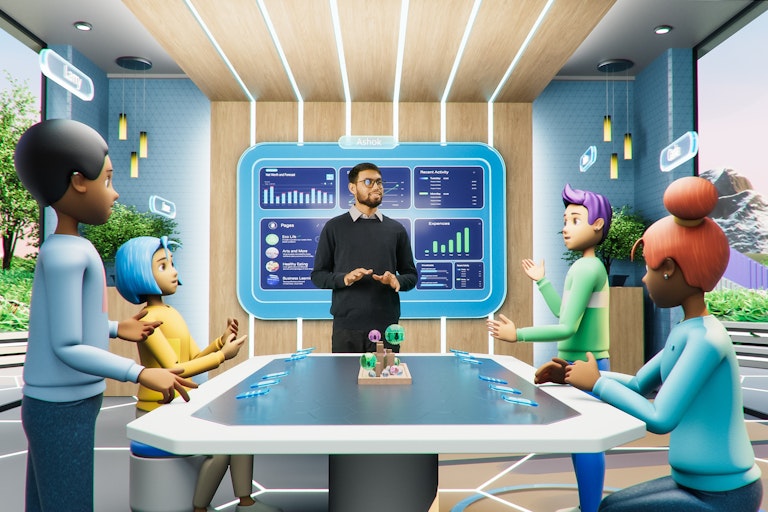 A man standing in a virtual office space surrounded by virtual 3D avatars