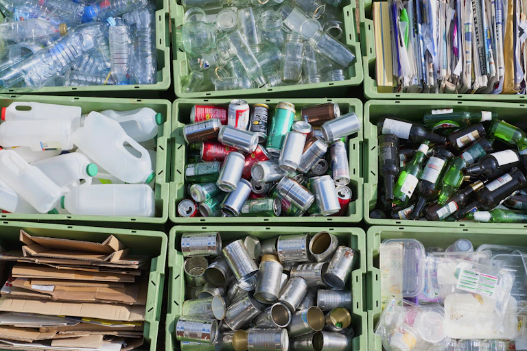 Recycling bins holding sorted plastic, cans, glass and cardboard
