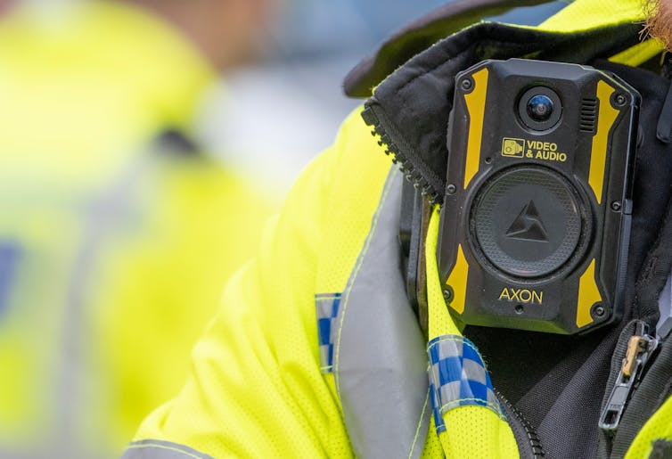 Body camera being worn by a police officer.