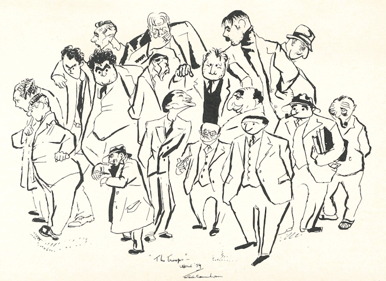 A black and white drawing of men propped at a public bar.