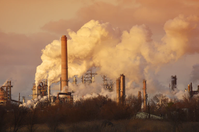 Air pollution from smoke stacks at oil refinery
