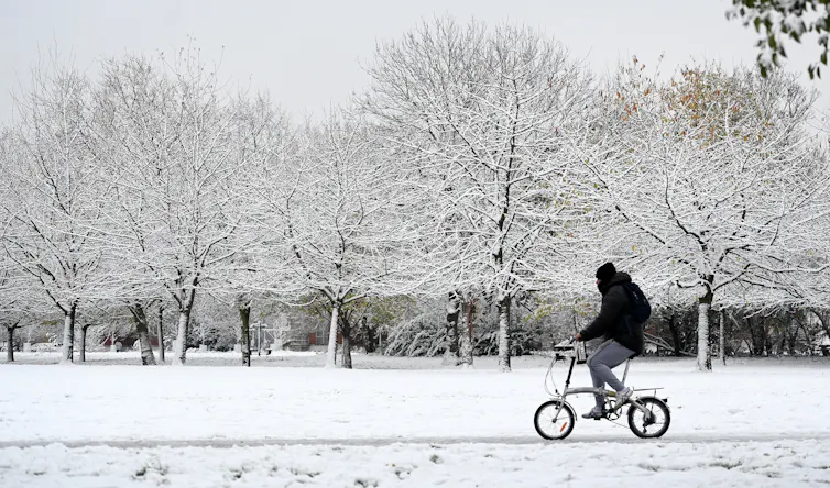 A person riding a bike in a snowy park.
