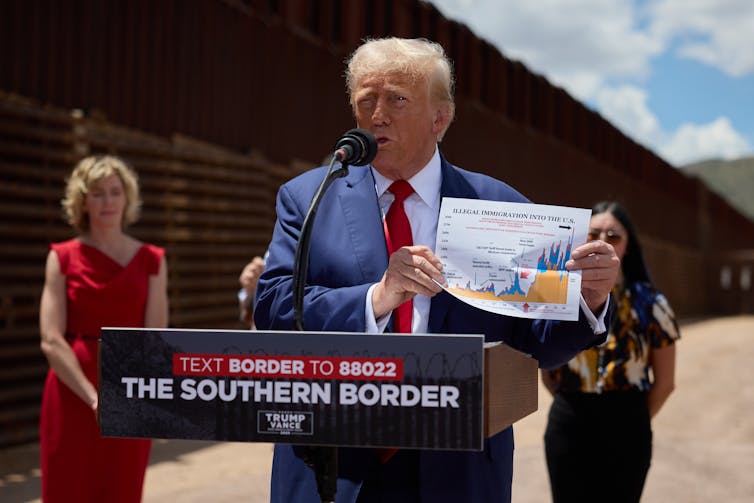 Donald Trump holds up a graph showing immigration numbers into the US.
