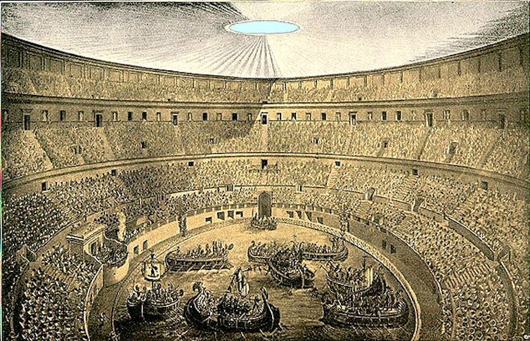 Recreación de una naumaquia en el Coliseo romano.