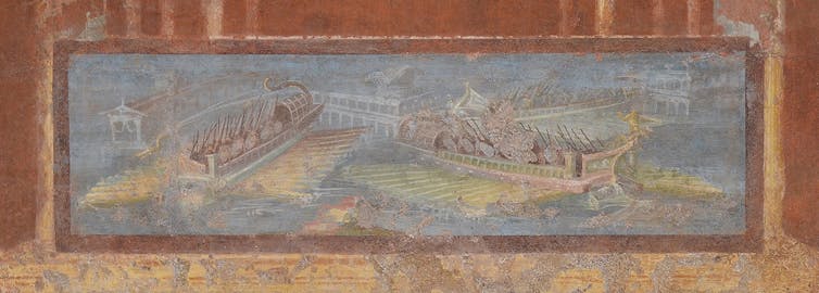 Pintura mural con naumaquia, detalle de un panel del pórtico del Templo de Isis en Pompeya.