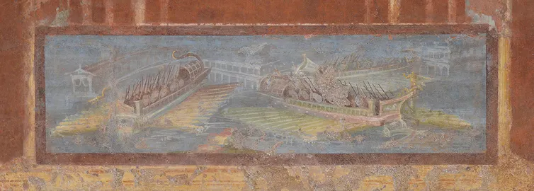 Pintura mural con naumaquia, detalle de un panel del pórtico del Templo de Isis en Pompeya.