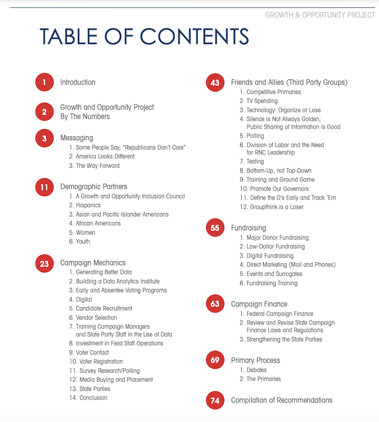 A table of contents page from a report.