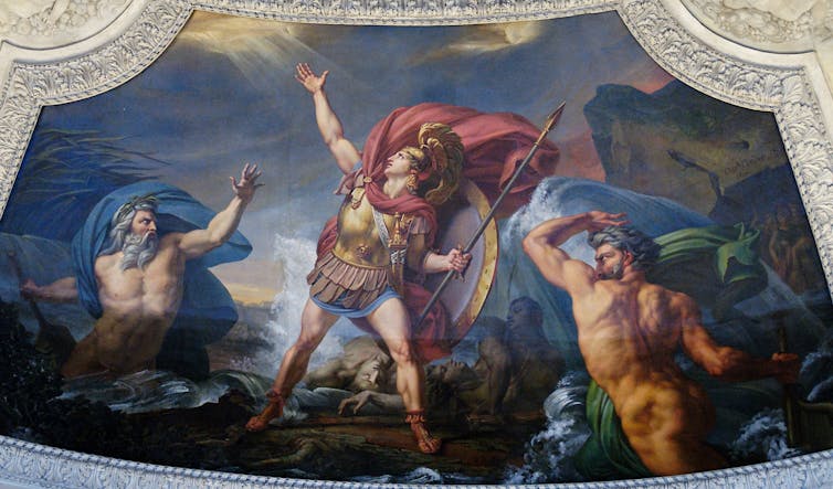 A 19th-century oil painting showing Achilles and the river-god Scamander