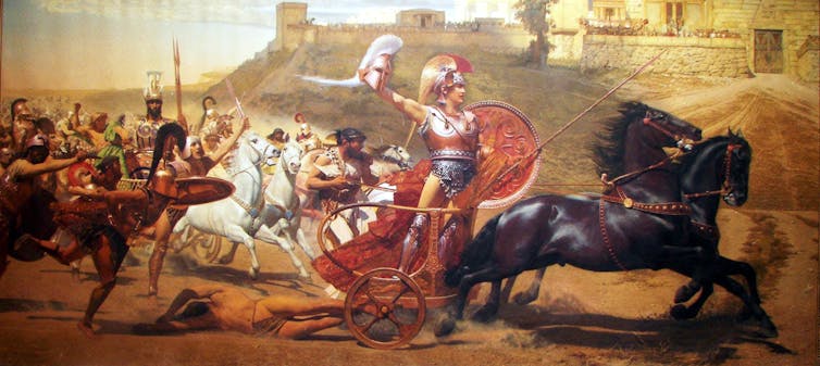 Painting showing Achilles dragging Hector's lifeless body from a chariot in Troy