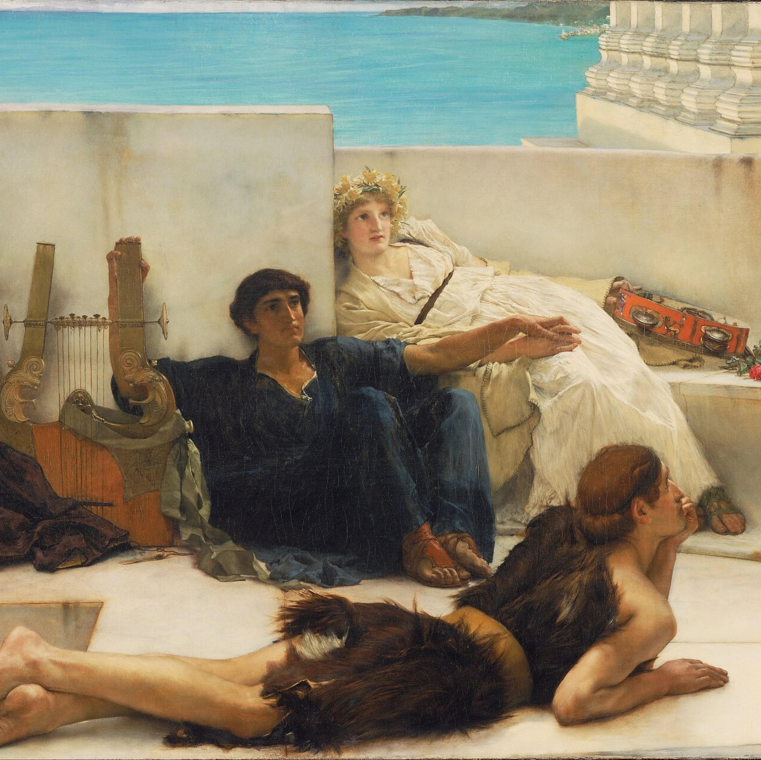 Painting of people listening to a narrator