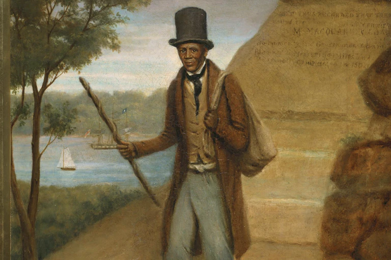 A painting of a Black man in a top hat carrying a stick.