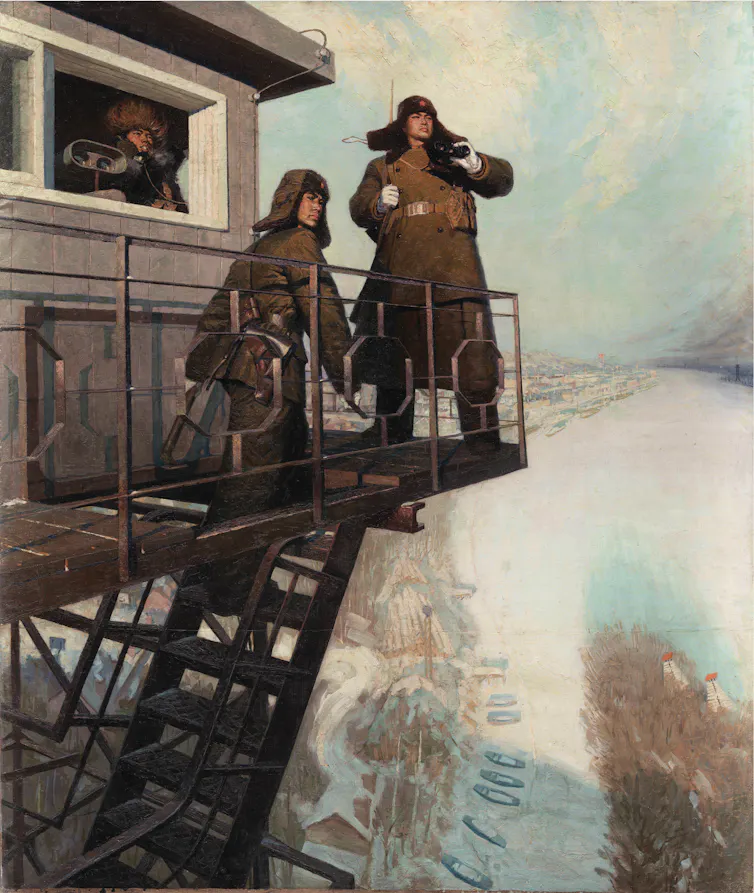 A painting of two soliders staring across a river.