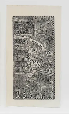 A woodcut of workers under a banner.