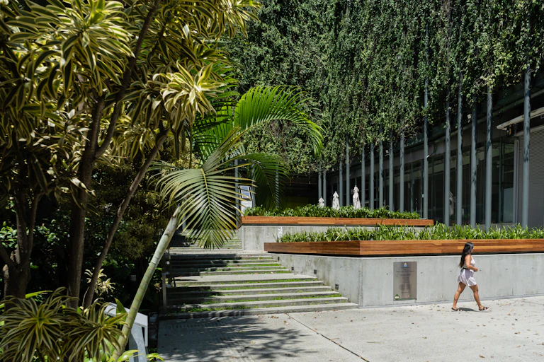 A woman walks past a terraced stairway shaded by tropical vegetation.