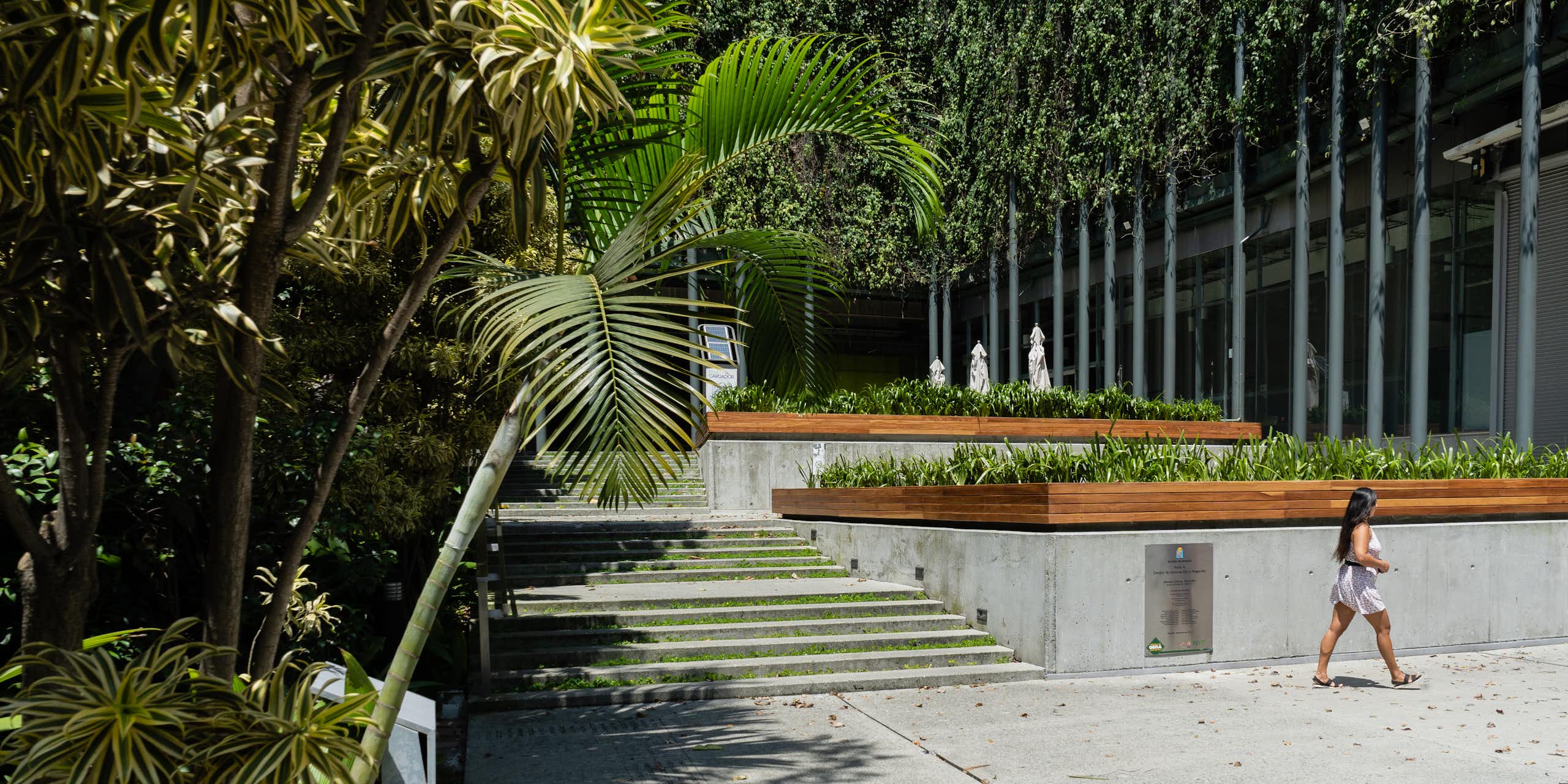 A woman walks past a terraced stairway shaded by tropical vegetation.