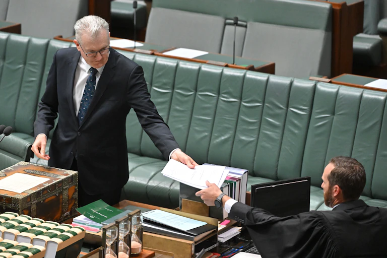 Minister for Home Affairs Tony Burke introduces the Migration Amendment Bill 2024 in the House of Representatives at Parliament House in Canberra, Thursday, November 7, 2024.