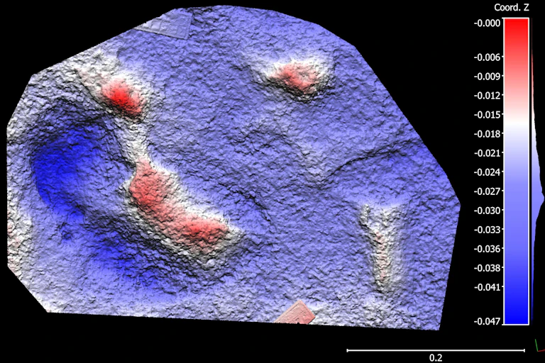 A visualisation in blue and red of hominin footprints, some large and others smaller, on a rock surface