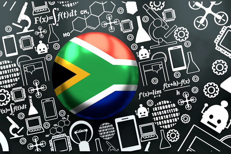 An illustration that shows South Africa's flag in a circle button against a black and white backdrop that shows various kinds of technology including robots and phones