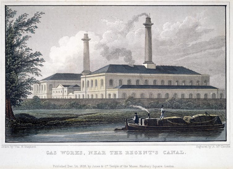 Engraving of canal with industrial building in background
