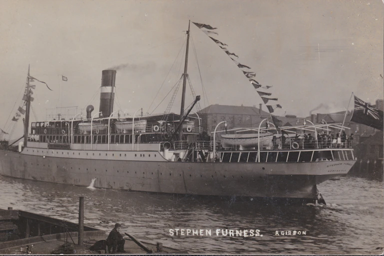 A black and white photo of the HMS Stephen Furnace ship