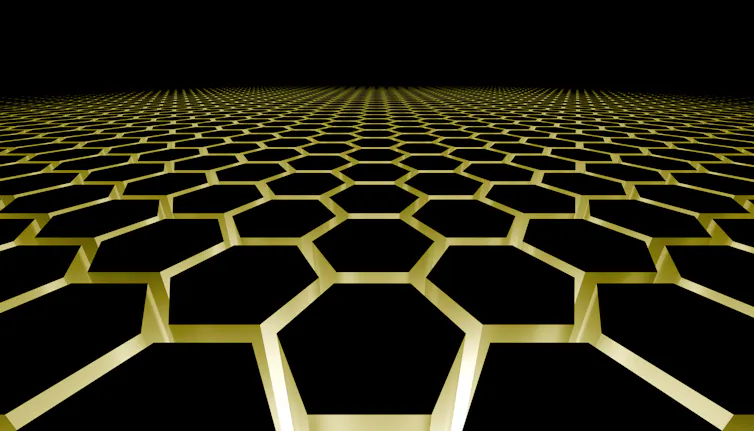 Illustration of connected gold hexagons that expand endlessly into the horizon.