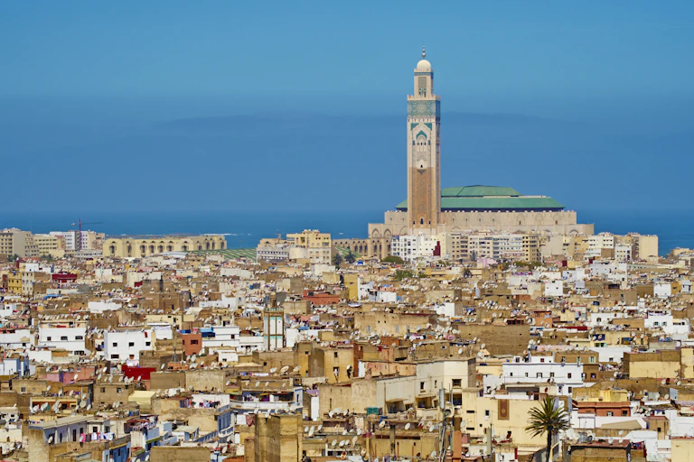 A view of tightly packed brown, white and beige buildings in the foreground, with a tall tower in the background against a blue backdrop of sky and sea