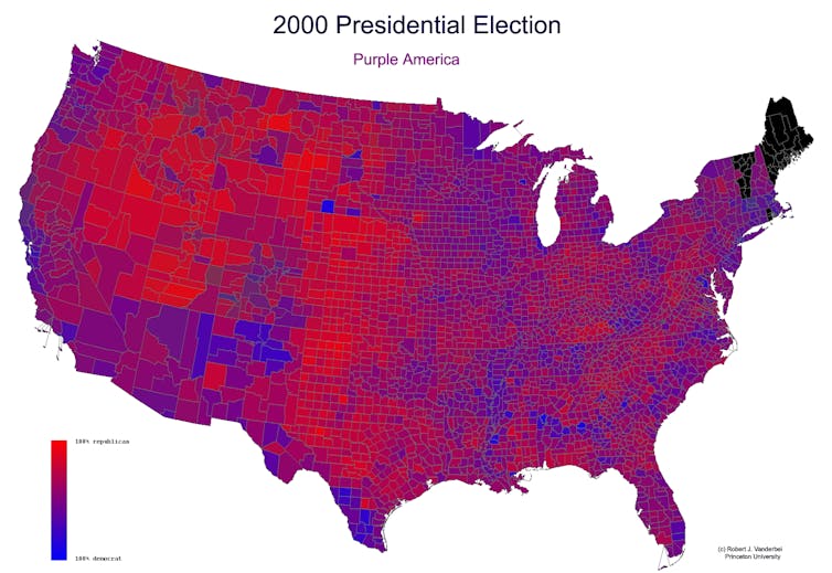 A map showing counties in the US colored by the degree to which they voted for George W. Bush or Al Gore in the 2000 presidential election.